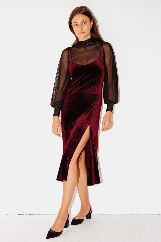 Wine Red Midi Dress - Sexy Velvet Dress ...